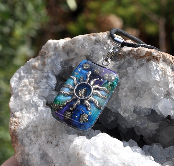 SUN Orgonite with Pyrite Pendant Necklace -Blue Green Purple - EMF Harmonizer - One of A Kind