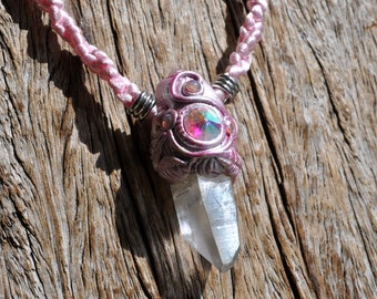 NATURAL ANGEL Aura Quartz with Welo Opal and Rose Quartz Pendant Necklace