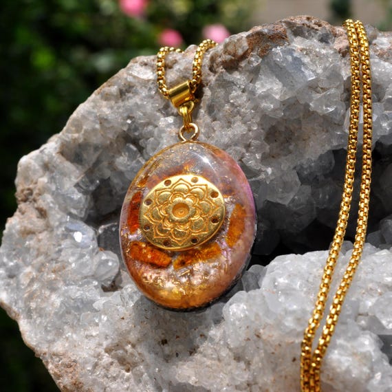 Raw Orange Kyanite Lotus Orgonite® Pendant: EMF Harmonizing Necklace