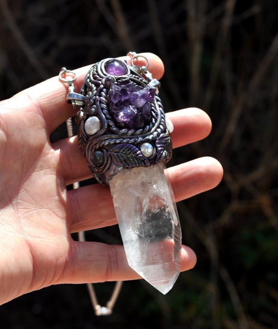 Lemurian Wand with Uruguayan Amethyst Crystal Wand Moonstones labradorite