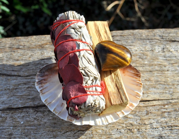RED EUCALYPTUS White Sage Smudge Set with Tiger Eye Heart + Palo Santo + Shell - Energy Purification