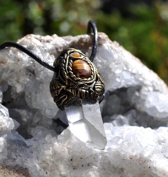 Clear Quartz Crystal Pendant with Tiger’s Eye and Agate | Gemstone Jewelry |  Spiritual Gift- Unisex