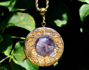 Pendentif en améthyste et orgonite® avec protection contre les CEM, collier en acier inoxydable