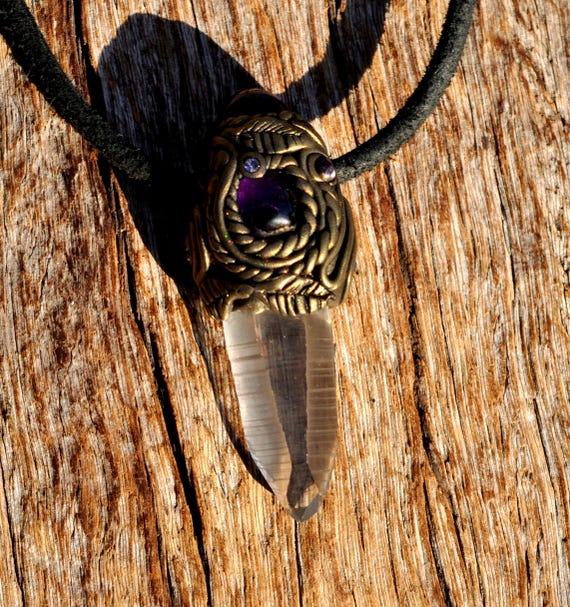 6-Sided Lemurian Seed Crystal Pendant with Window with Amethyst