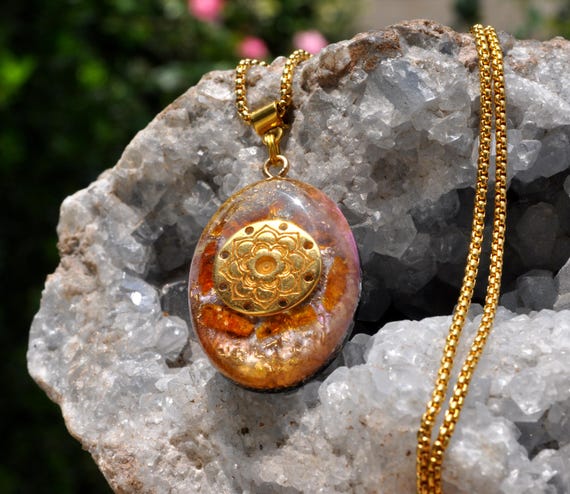 Raw Orange Kyanite Lotus Orgonite® Pendant: EMF Harmonizing Necklace