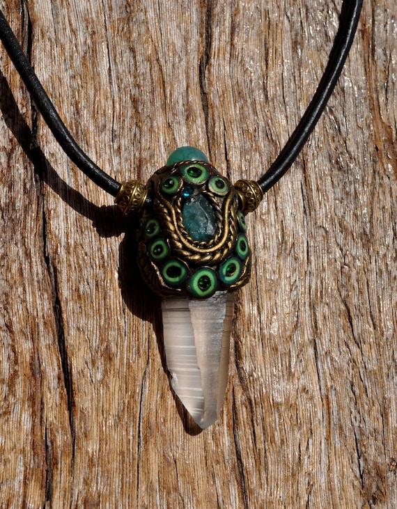 Lemurian Quartz  Crystal with Blue Apatite and Agate – Handcrafted Crystal Necklace