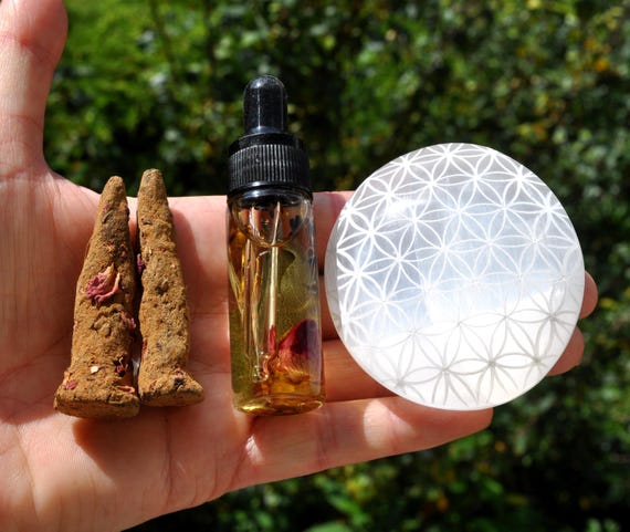 Natural Incense Cones LARGE, Sacred Balance Oil +  Selenite Palm Stone FOL – Flower of Life - Spiritual GIFT Set