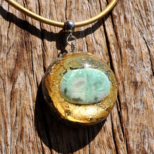 GREEN MOONSTONE Garnierite Orgonite Pendant – EMF Necklace with 24k Gold Leaf – 4.2 cm