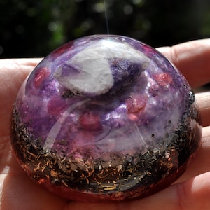 CHEVRON Amethyst with Pink Tourmalines Orgonite Dome