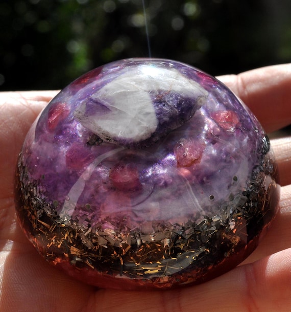 CHEVRON Amethyst with Pink Tourmalines Orgonite Dome