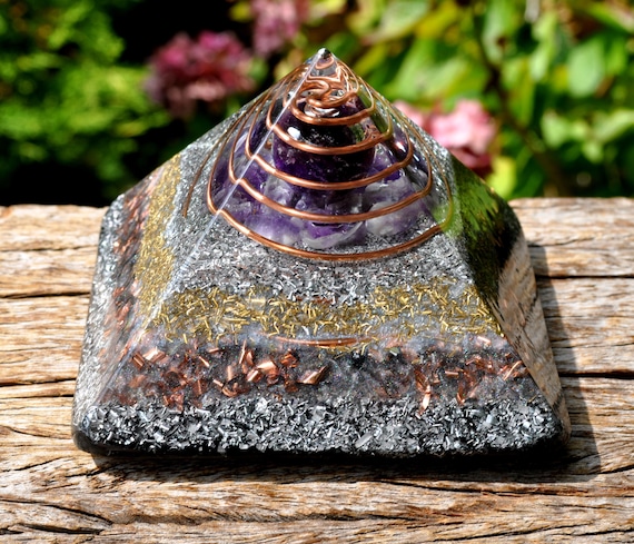 Amethyst Orgonite Pyramid: Resin Art Sculpture EMF Protection, Energy Cleansing