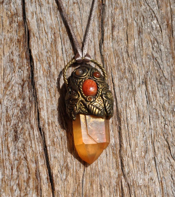 TANGERINE QUARTZ, Sunstone & Carnelian Agates Pendant Necklace