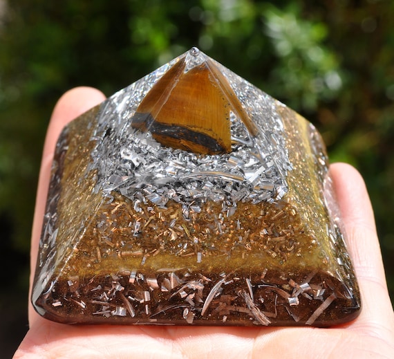 Orgone Orgonite® pyramid with Tiger's Eye EMF Harmonizer