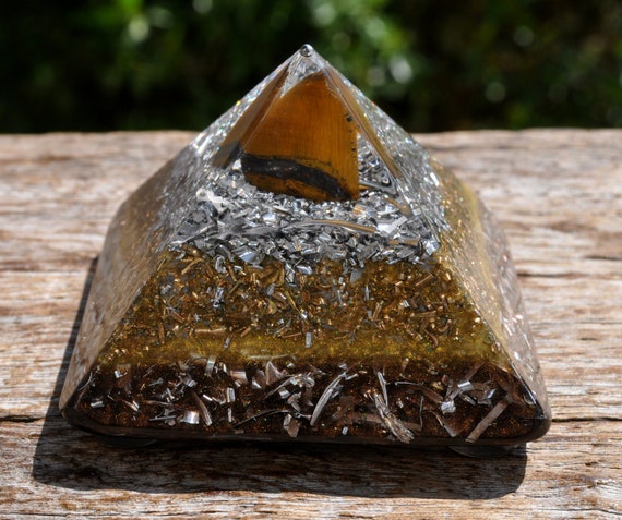 Orgone Orgonite® pyramid with Tiger's Eye EMF Harmonizer