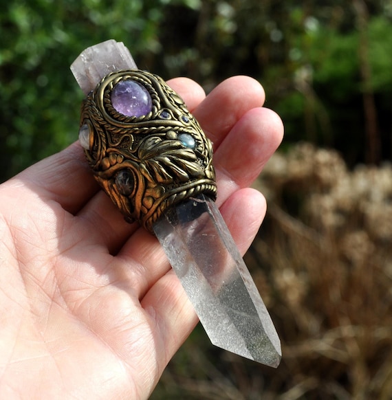 Crystal Wand with Purple Aragonite + Amethyst + Moonstone  + Labradorite -Natural terminated Quartz