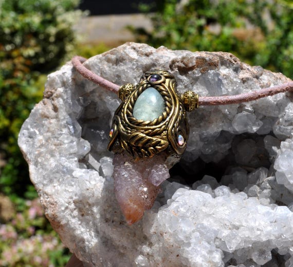 SPIRIT QUARTZ with green CALCITE and small Amethyst Pendant Necklace