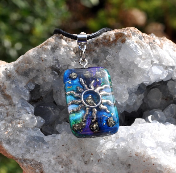SUN Orgonite with Pyrite Pendant Necklace -Blue Green Purple - EMF Harmonizer - One of A Kind
