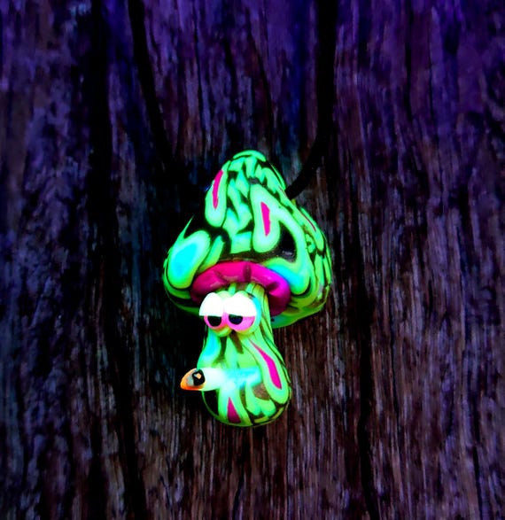 Mushroom Pendant Necklace UV Active,  Handsculpted Clay Lightweight - Unisex