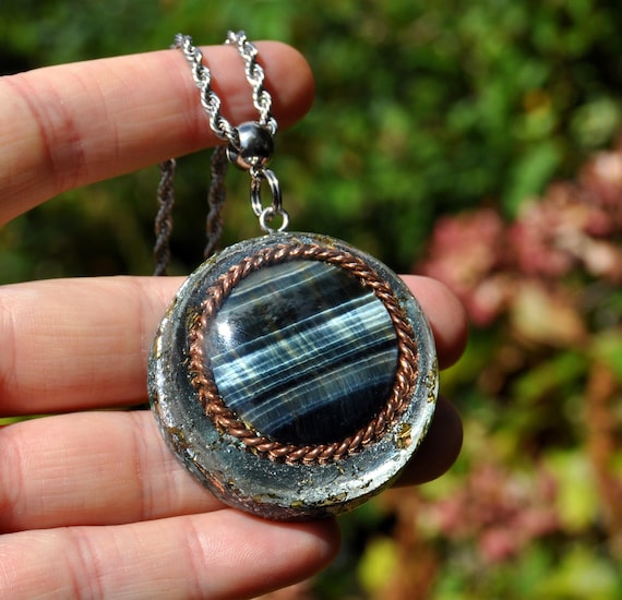 Falks Eye Orgonite Resin Art Pendant: Copper Tensor Ring, EMF Protection