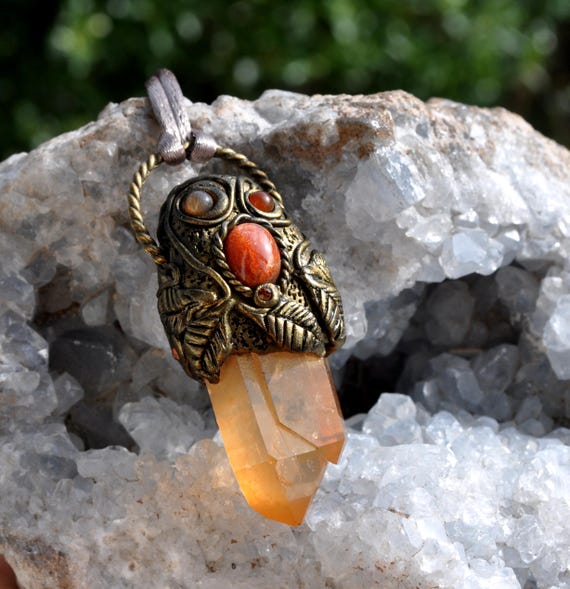 TANGERINE QUARTZ, Sunstone & Carnelian Agates Pendant Necklace
