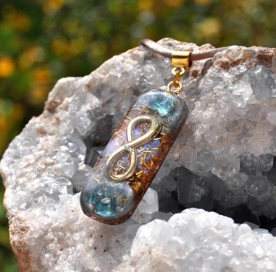 Blue Apatite Orgonite® Infinity Orgone Pendant Oblong Shape Necklace