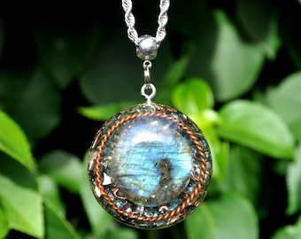 Labradorite Orgonite Tensor Ring Pendant – EMF Protection Unisex Necklace