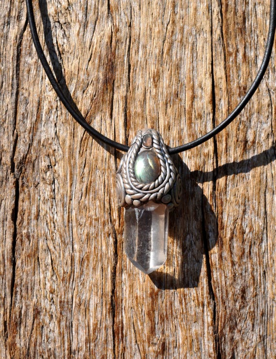 Clear Quartz with Labradorite Crystal Necklace - Unisex