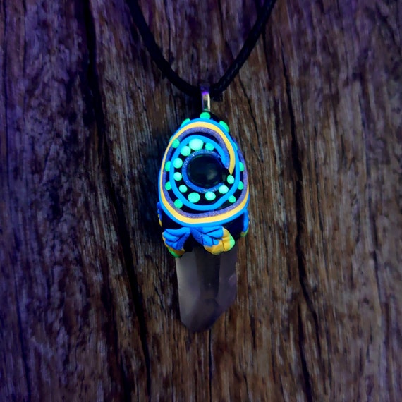 Lemurian Quartz Crystal Point UV Active pendant with small Labradorite Necklace