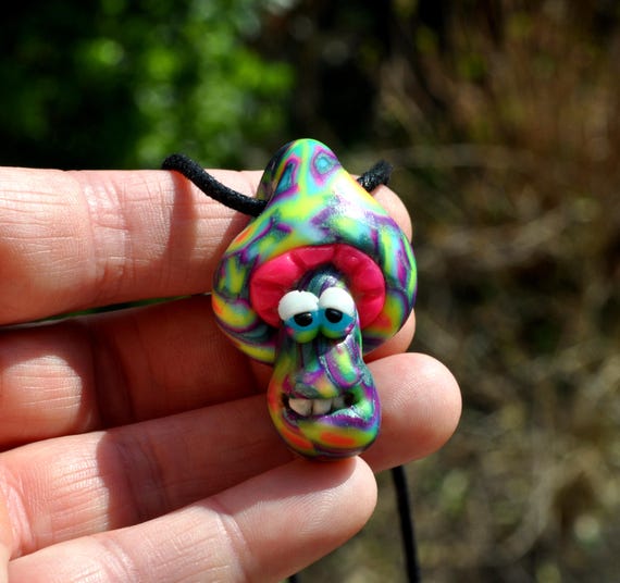 HAPPY Mushroom Necklace Psytrance that Glows in Blacklight,  Handsculpted Clay Pendant