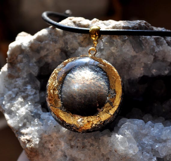AA FIRE BLACK Moonstone Orgonite® Orgone Statement Necklace