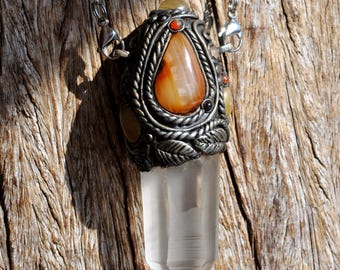 Lemurian Quartz Wand Carnelian Agate Meditation Healing Tool Wall Hanging Art