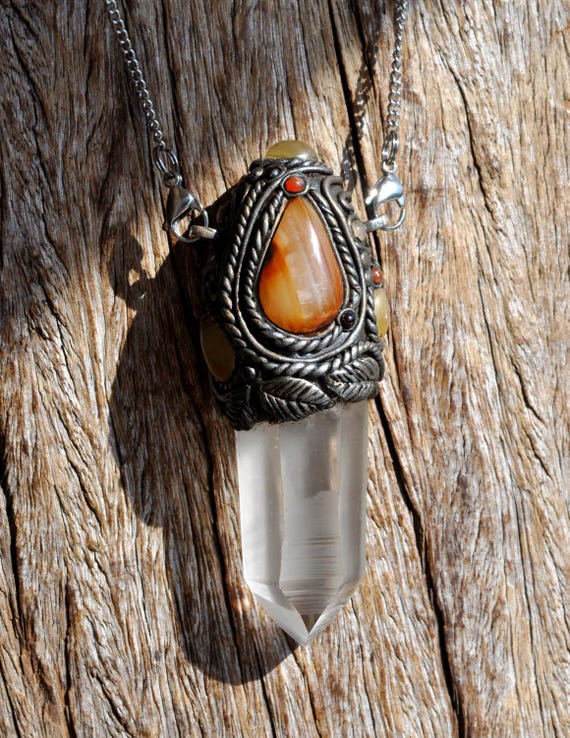 Lemurian Quartz Wand Carnelian Agate Meditation Healing Tool Wall Hanging Art