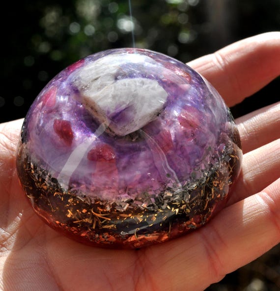CHEVRON Amethyst with Pink Tourmalines Orgonite Dome