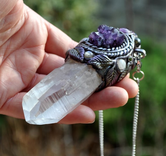 Lemurian Wand with Uruguayan Amethyst Crystal Wand Moonstones labradorite