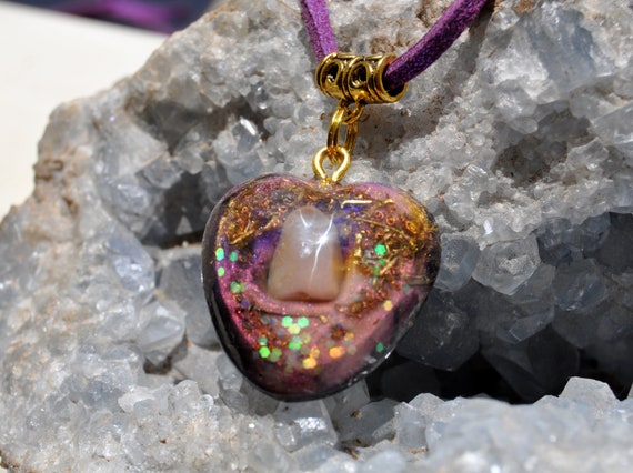 Pink OPAL Orgonite® pendant Necklace Heart, EMF Protection, Free Delivery