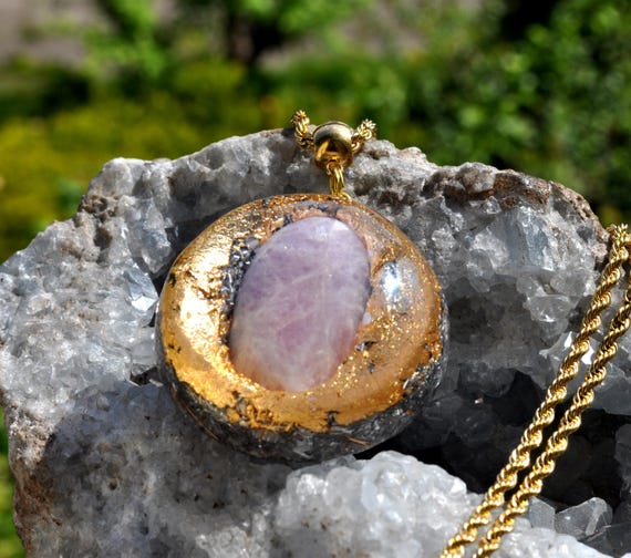 Handmade Pink Kunzite Orgonite Pendant – EMF Protection Crystal Necklace – Heart Chakra Energy Jewelry Gift