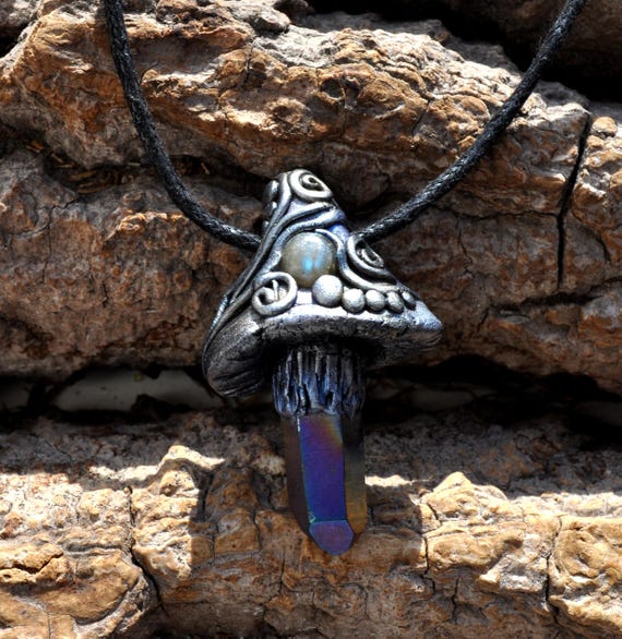 Mushroom with Titanium Quartz Pendant and  Labradorite