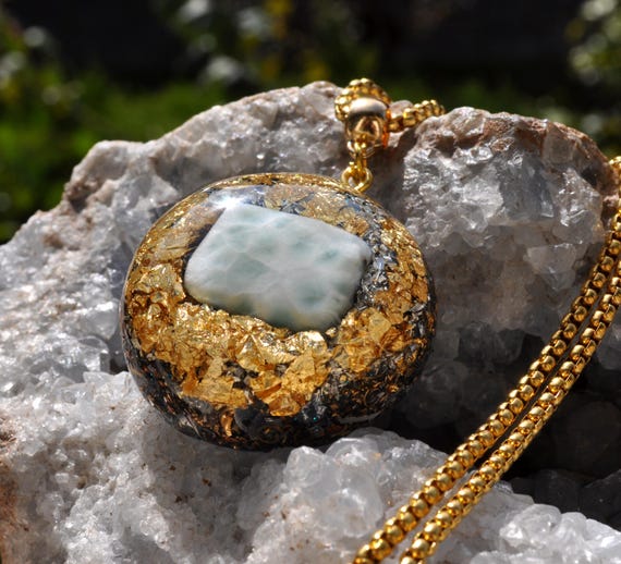 LARIMAR Orgonite® Necklace with 24k Gold - EMF Harmonizer Protection Pendant
