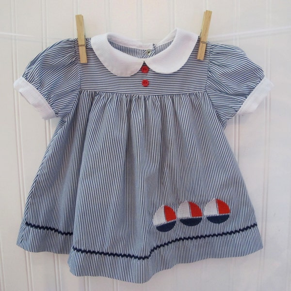 Vintage Baby Dress, Blue Pinstripe with sailboats, Fourth of July, Size 6-12 months