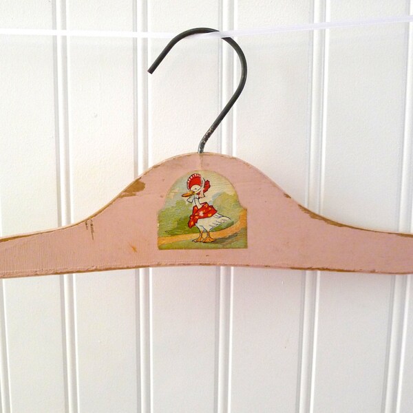 Vintage Child's Hanger, Wooden Painted Mother Goose, Pink