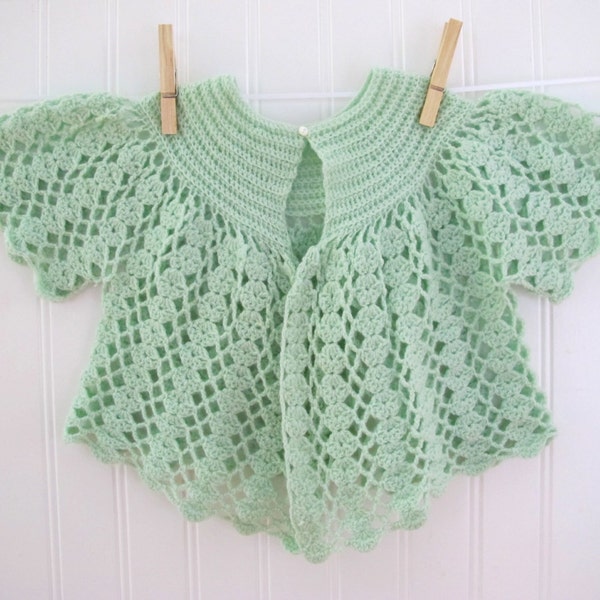 Vintage Hand Crochet Green Sweater, Shrug, Cape, Shawl, Size 6-12 months