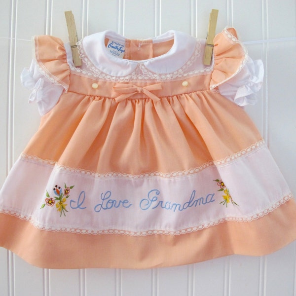 Vintage Baby Dress, Embroidery and Lace, Cradle Togs, I Love Grandma, Size: 6-12 months