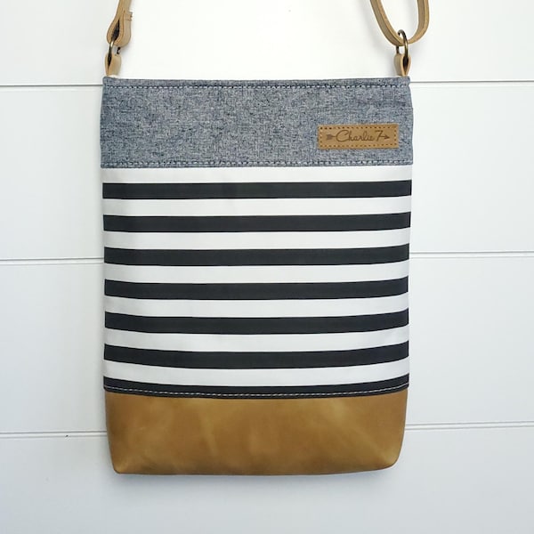 Striped Denim Crossbody Bag, Leather Accent, Adjustable Strap