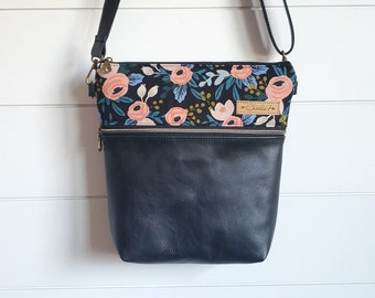 Crossbody Bag, Leather Crossbody, Leather Crossbody Bag, Cross body bag, Leather Bag, Purse, Shoulder Bag, Floral Print Crossbody, Black