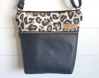 Leren crossbodytas, luipaardprint, alledaagse portemonnee met ritssluiting