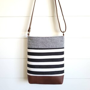 Crossbody Bag, Leather Crossbody Bag, Handbag, Purse, Shoulder Bag, Black and White Stripes, Denim, Neutral, Women's image 2