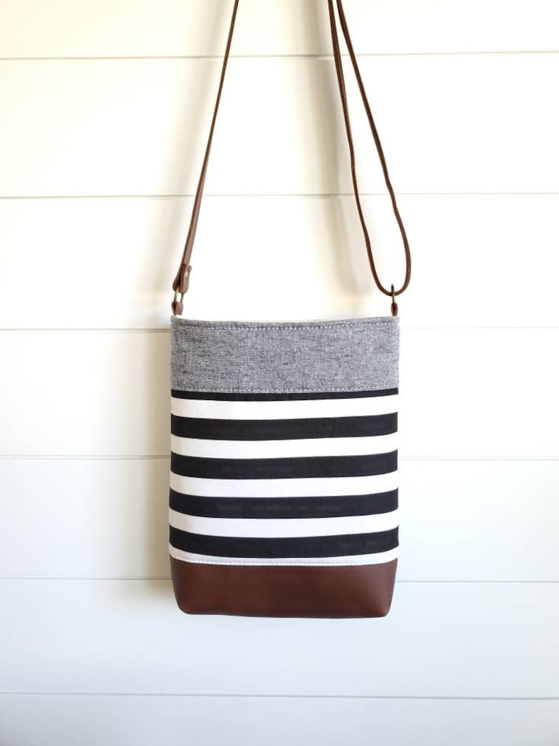 Crossbody Bag, Leather Crossbody Bag, Handbag, Purse, Shoulder Bag, Black and White Stripes, Denim, Neutral, Women's image 2