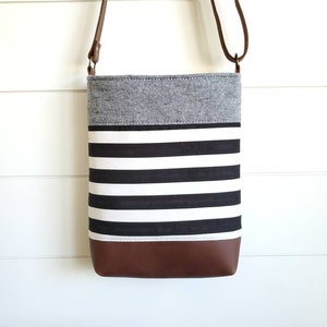 Crossbody Bag, Leather Crossbody Bag, Handbag, Purse, Shoulder Bag, Black and White Stripes, Denim, Neutral, Women's image 1