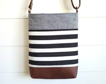 Crossbody Bag, Leather Crossbody Bag, Handbag, Purse, Shoulder Bag, Black and White Stripes, Denim, Neutral, Women's