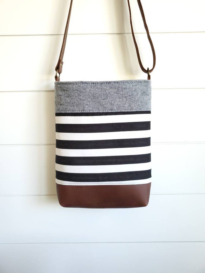 Crossbody Bag, Leather Crossbody Bag, Handbag, Purse, Shoulder Bag, Black and White Stripes, Denim, Neutral, Women's image 1